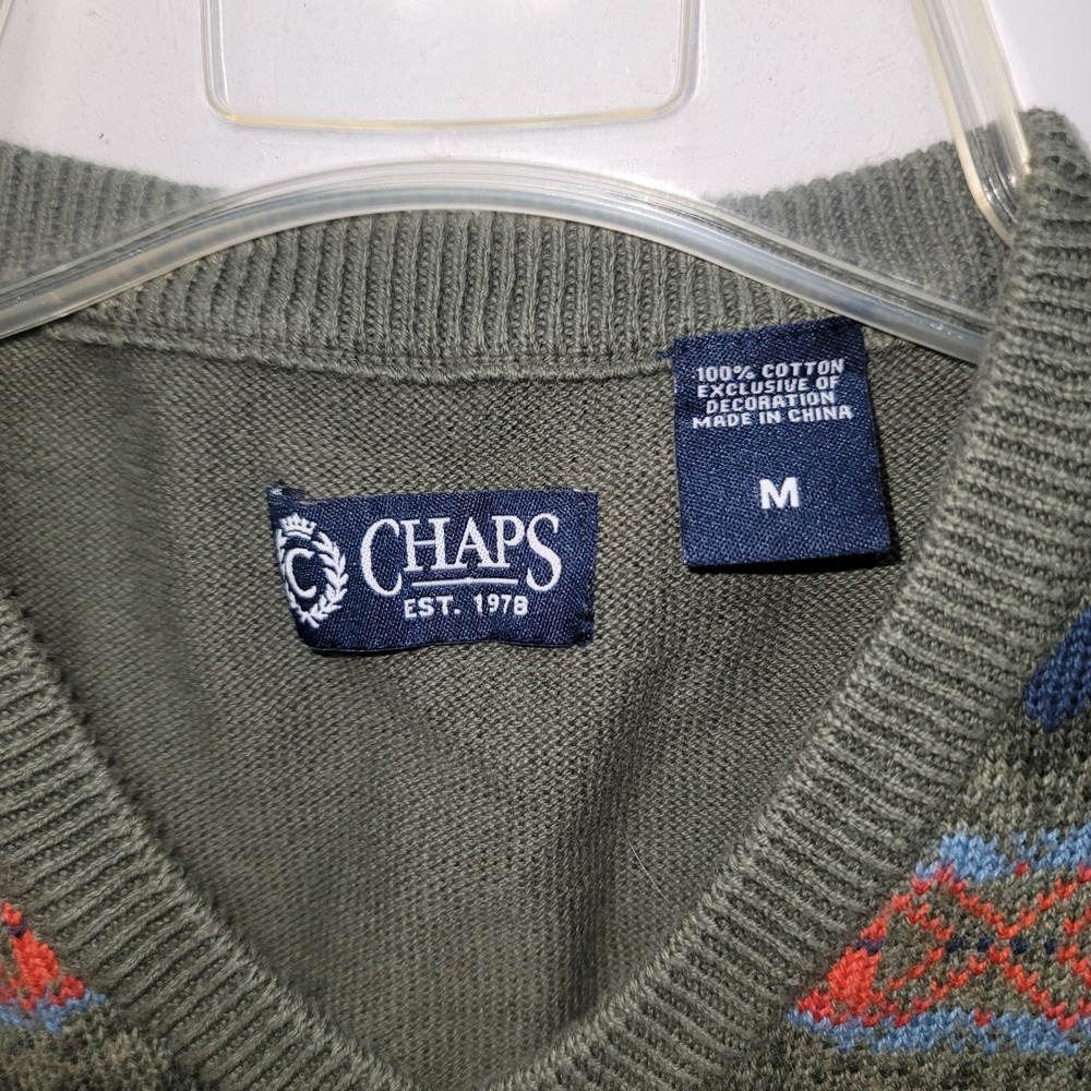 Chaps Men Cotton Fair Isle Sweater Vest Olive Knit M Cottagecore Academia Nordic - Picture 6 of 8